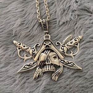 Sword Pirates Skull Knife Oxidized 925 Sterling Silver Men's Vintage Necklace